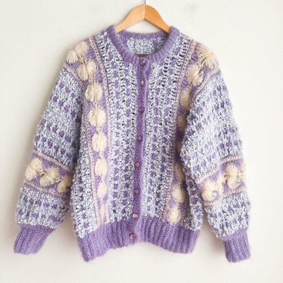 Vintage Handmade Crochet Lavender Mohair Wool Blend Crochet CArdigan M/L - Picture 1 of 7